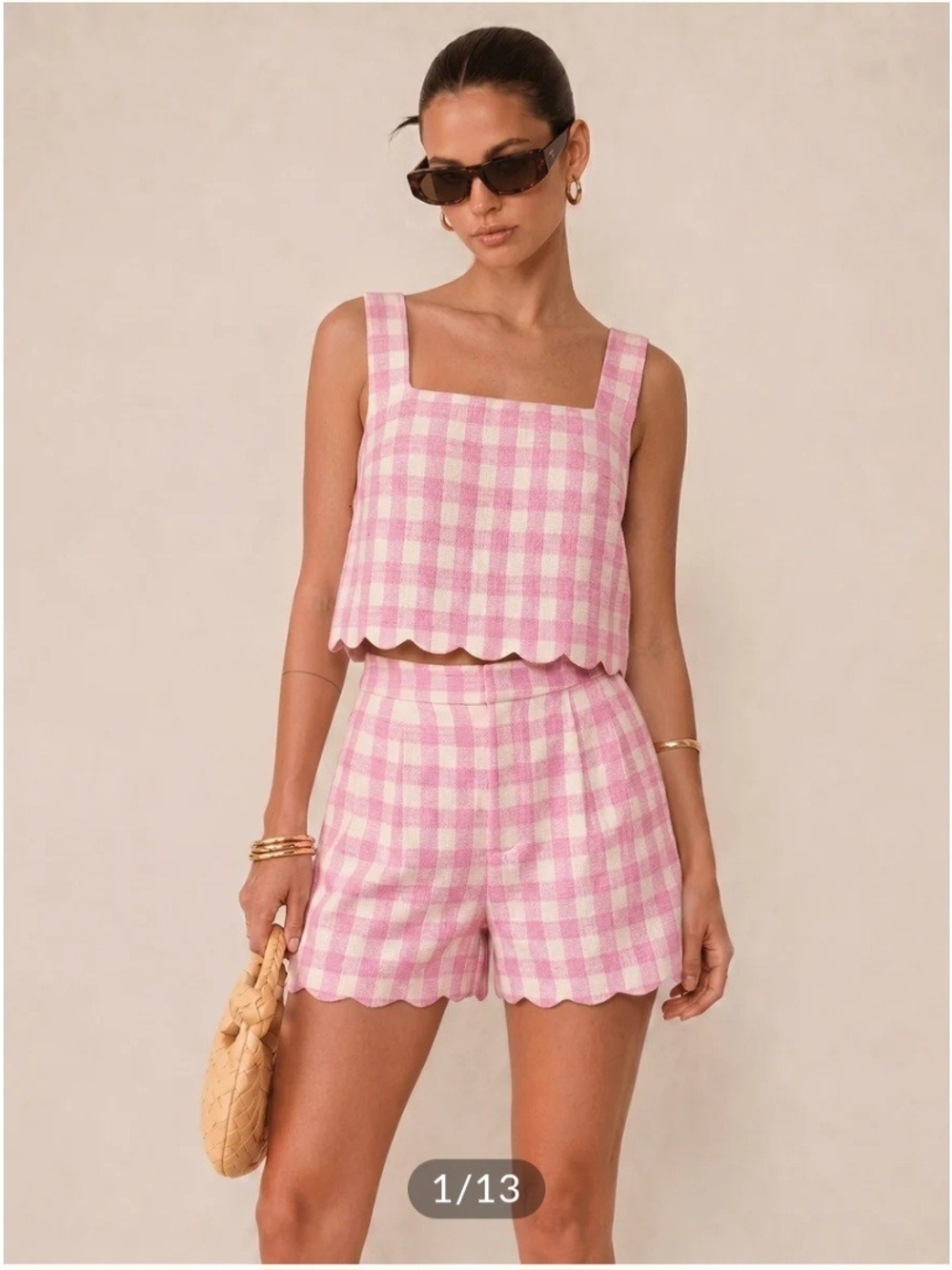 NWT Commense Pink Gingham Scallop Hem Crop Top & Shorts Set, Large